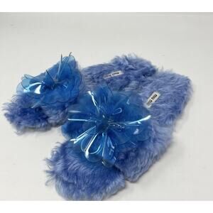MIU MIU Embellished Blue Faux Shearling Casual Slip On Slides Sz 38.5 Fuzzy Fur